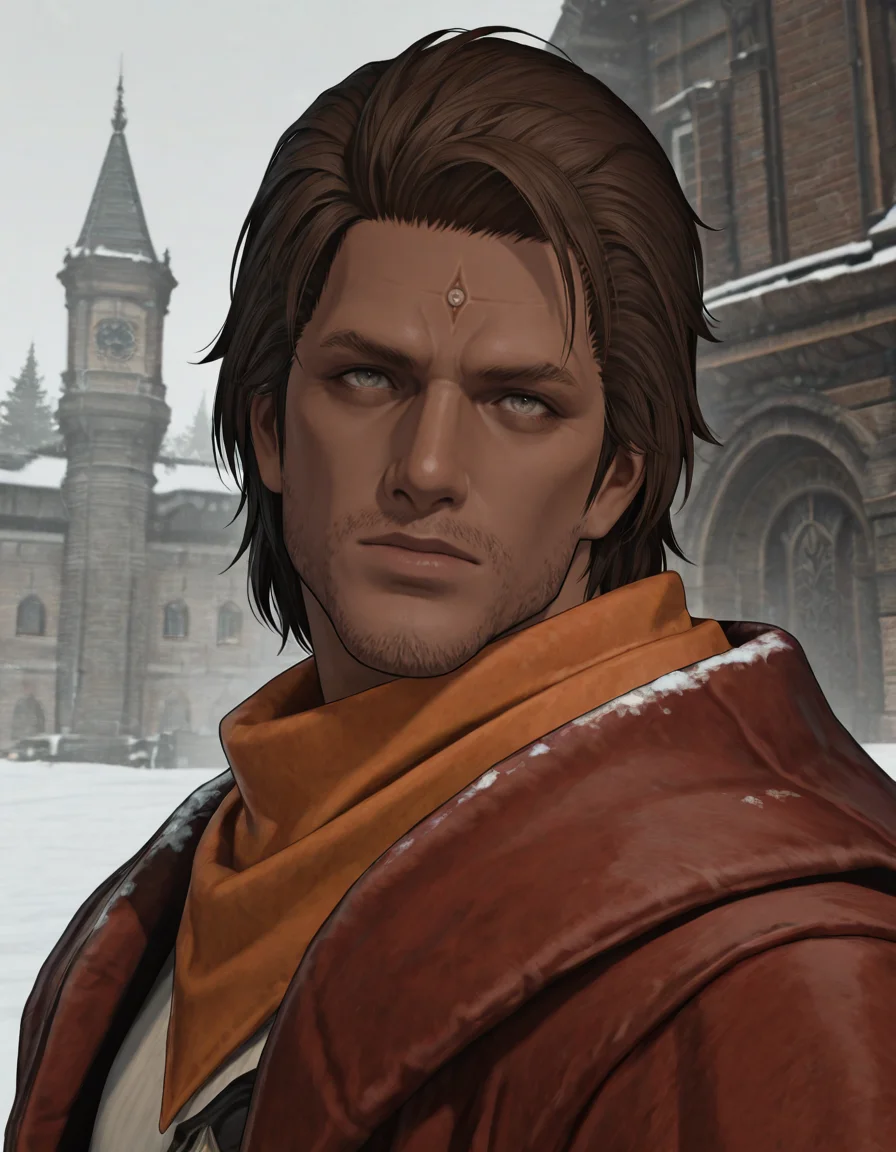masterpiece, best quality, absurdres, newest, perfect quality, best quality, absolutely eye-catching, detailed background, intricate details, male focus, solo, realistic, <lora:FFXIV - Gaius - Illustrious-000005:0.7>, gaius_ffxiv, 1boy, mature male, dark skin, brown hair, medium hair, gray-green eyes, forehead mark, stubble, orange bandana, red long coat, white shirt, head tilt, outdoors, snow, standing, portrait, building, head tilt