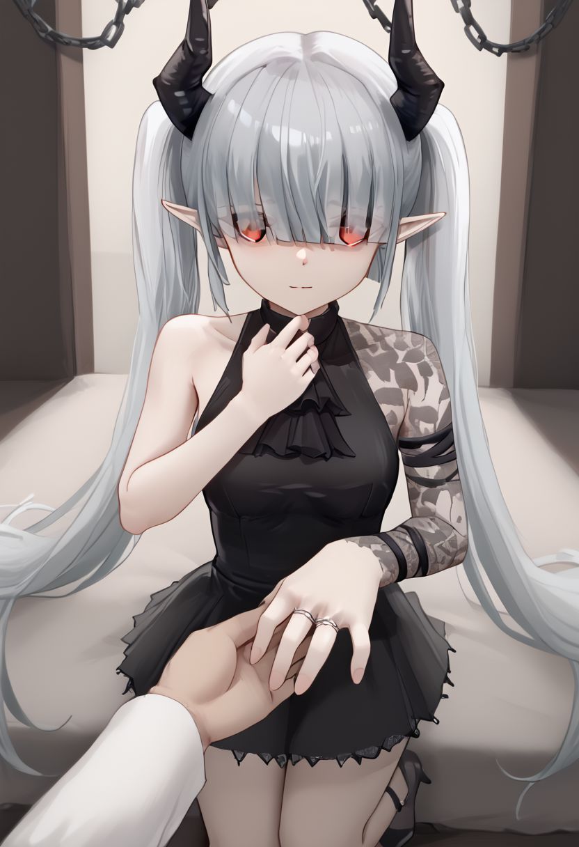 1girl, solo, IncrsProp, wedding ring, pov, chained_sarkaz_girl, black dress, single leg pantyhose, asymmetrical clothes, patterned clothes, single sleeve, black sock, kneehigh, black footwear, high heels, black ascot, hair over eyes, eyes visible through hair, demon horns, blunt bangs, red eyes, pointy ears, pale skin, white hair, grey hair, twintails