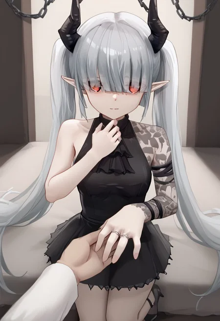 1girl, solo, IncrsProp, wedding ring, pov, chained_sarkaz_girl, black dress, single leg pantyhose, asymmetrical clothes, patterned clothes, single sleeve, black sock, kneehigh, black footwear, high heels, black ascot, hair over eyes, eyes visible through hair, demon horns, blunt bangs, red eyes, pointy ears, pale skin, white hair, grey hair, twintails