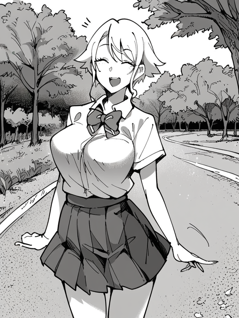 score_9, score_8_up, score_7_up,  
1girl, monochrome, Kawase kon, white hair, short hair, closed eyes, large breasts, 


standing, outdoors, road, tree, solo, grass, smile, open mouth, looking at viewer, school uniform, white shirt, short sleeves, bowtie, pleated skirt, 