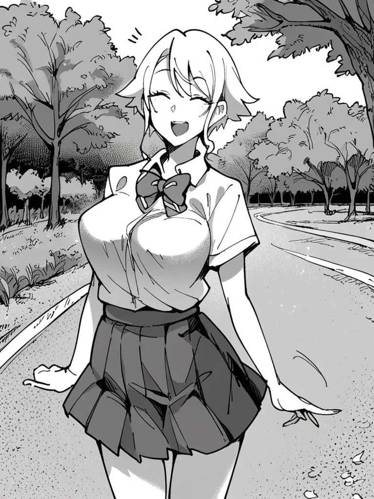 score_9, score_8_up, score_7_up,
1girl, monochrome, Kawase kon, white hair, short hair, closed eyes, large breasts,
standing, outdoors, road, tree, solo, grass, smile, open mouth, looking at viewer, school uniform, white shirt, short sleeves, bowtie, pleated skirt,