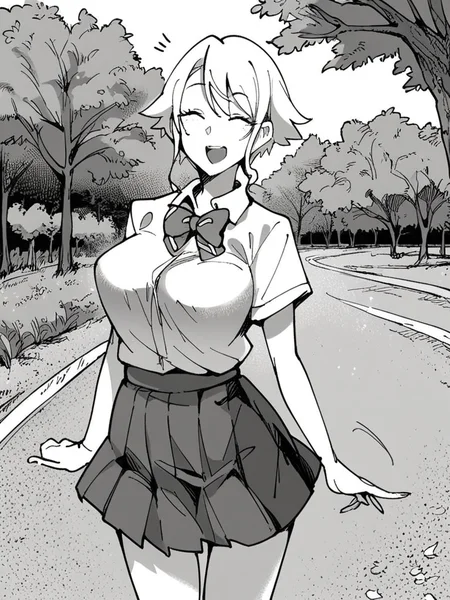 score_9, score_8_up, score_7_up,
1girl, monochrome, Kawase kon, white hair, short hair, closed eyes, large breasts,
standing, outdoors, road, tree, solo, grass, smile, open mouth, looking at viewer, school uniform, white shirt, short sleeves, bowtie, pleated skirt,