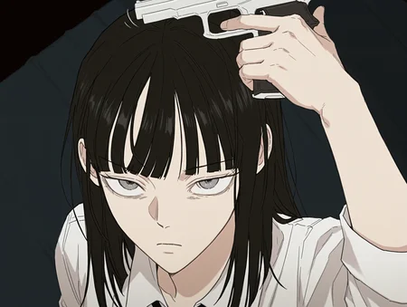 <lora:Ado_Usseewa_Style:1>  usseewastyle
1girl,solo,
<lora:Yoon_Joon_Young_YOUNG_IllustV1:0.4> Yoon_Joon_Young_Young, blunt bangs, grey eyes, medium hair, black hair
white shirt, school uniform,collared shirt, aiming gun at head, "finger pistole", arm up,
bored,disappointed, 
masterpiece,best quality,amazing quality, 
dark room, 
from above,looking up,