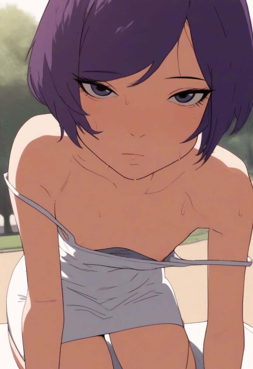 score_9, score_8_up, score_7_up, angelyeah, 2d, anime, 1girl, cute face, (young:1.0), posing, solo, flat chest, slim girl, perky breasts, white sundress, short dress, purple hair, short hair, sideswept bangs, seductive, deep downblouse, nipple slip, sweaty, exhibitionism, dutch angle, solo focus, outside, at a park, picnic