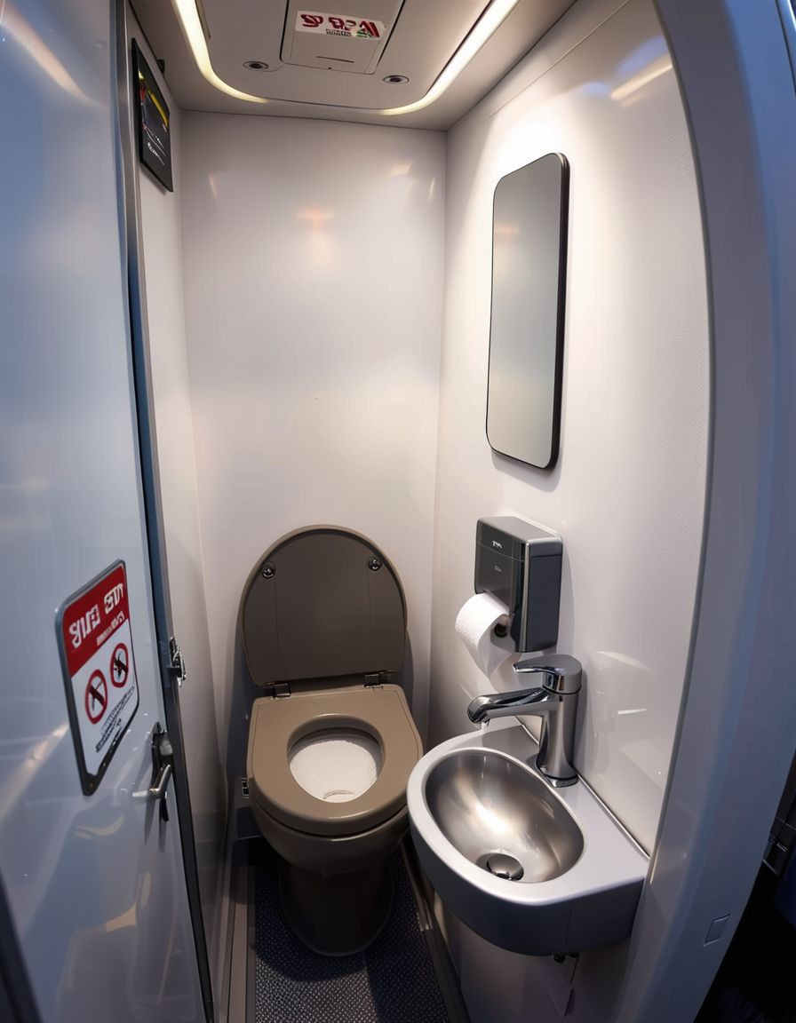 A highly detailed and realistic photograph of an airplane lavatory. The small, compact space features light gray plastic walls with subtle texture, a stainless-steel sink with a motion-sensor faucet, and a mirror reflecting the narrow interior. The toilet is sleek, with a closed lid and a small instruction sticker on top. A soft, dim overhead light illuminates the space, creating a sterile yet functional atmosphere. On the side, a dispenser for paper towels and a built-in trash compartment are visible. The door has a small lock mechanism and an 'Occupied' sign. The floor is dark, non-slip material, and there are small signs with safety instructions in multiple languages. The perspective is slightly wide-angle, capturing the entire space from a slightly tilted angle, emphasizing the compact design. 
<lora:SDXLFaeTastic2400:0.4> <lora:extremely_detailed:0.4> extremely detailed,<lora:airplane_l4v4t0ry:1>,airplane l4v4t0ry, Masterpiece,best quality,hi res,8k,hi res,8k,award winning,(sharp focus, intricate, highly detailed),