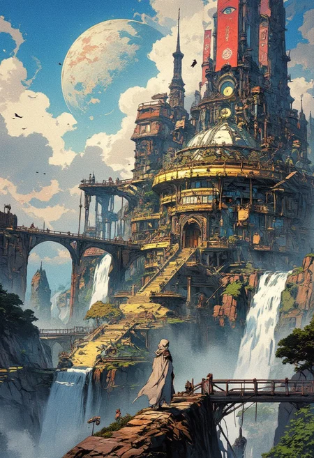 A breathtaking celestial city built atop cascading waterfalls, with grand architectural marvels blending gothic, fantasy, and futuristic elements. Towering spires and ornate stone statues rise above the mist-covered landscape, adorned with banners bearing an all-seeing eye emblem. A colossal, ancient planet looms in the sky, partially veiled in swirling clouds, adding an ethereal and otherworldly atmosphere. A grand circular palace with radiant golden walkways stands at the heart of the city, surrounded by tiered terraces and lush greenery. Majestic stone bridges and aqueducts span across the waterfalls, connecting different districts of this divine civilization. A lone figure in a flowing cloak stands on scaffolding, gazing over the city, symbolizing the grand scale and historical depth of the civilization. Birds soar through the misty air, adding life and movement to this dreamlike, utopian vision of an advanced and mystical empire.
, anime, cyberpunk