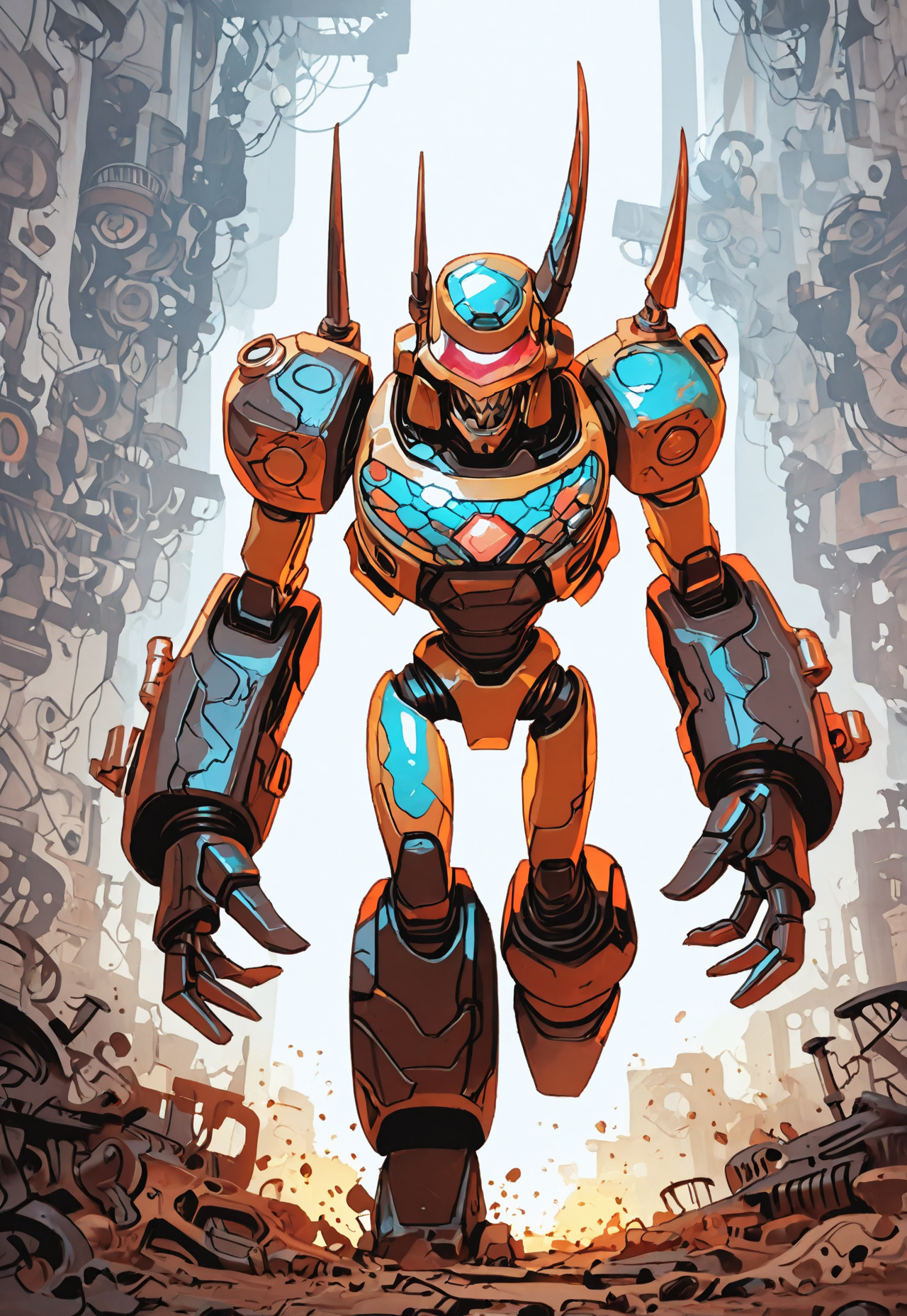 MythAn1m3, INCASE Style,   Title: "Detailed Illustration - Futuristic Armored Figure"  Art Style: A detailed and intricate illustration reminiscent of traditional Japanese art, with a focus on bold lines, sharp contrasts, and a rich color palette dominated by red, white, and black. The style emphasizes complexity, depth, and a sense of power.  Subject & Details: The main subject is a humanoid robot with a complex mechanical design, featuring a helmet with a visor, sharp teeth, and intricate patterns and textures. The robot's body is adorned with various mechanical components, gears, and other mechanical parts, all meticulously arranged to create a sense of depth and complexity.  Visual Elements: The figure's complex mechanical design, helmet with visor, sharp teeth, and intricate patterns and textures contribute to the detailed and powerful appearance of the image. The minimalistic background allows for focus on the robot's detailed design without distraction. The overall color palette is dominated by red, white, and black, emphasizing the intensity and power conveyed in the illustration.  Composition: The composition focuses on the detailed and intricate design of the humanoid robot, with a minimalistic background to allow for focus solely on the figure's complex mechanical elements. Attention to detail in the character's facial expressions, body language, and physical characteristics helps create an immersive experience that tells a story or evokes emotions without relying on text. The overall color palette and bold lines add depth and visual interest to the image while emphasizing the sense of power conveyed.  Additional Details: The detailed illustration of the futuristic armored figure exudes intensity and power, with the traditional Japanese art style contributing to a sense of complexity and depth. The focus on bold lines, sharp contrasts, and a rich color palette draws the viewer in and invites them to explore the intricate details of the humanoid robot's design. solo, red_eyes, horns, teeth, no_humans, sharp_teeth, robot, mecha, science_fiction