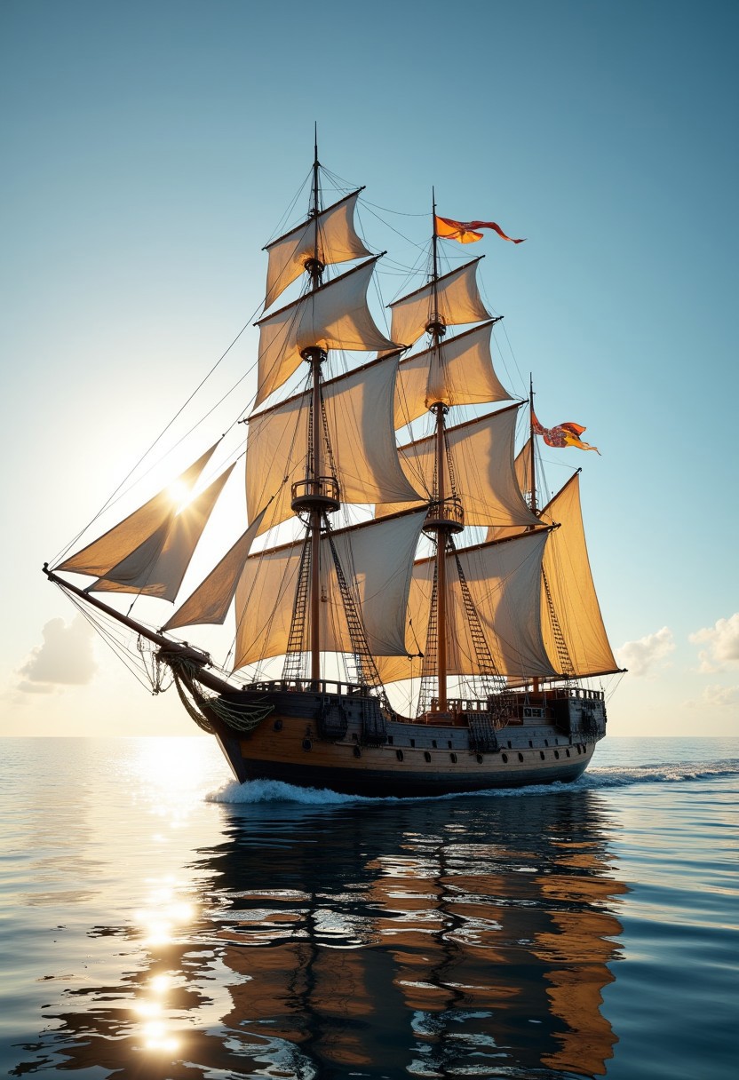 aidmaimageupgrader, a high quality digital image of an age of sail era intricately detailed warship, the ship is sailing somewhere in the caribbean with the sun shining in a cloudless sky, the water is still and glasslike reflecting the scene perfectly