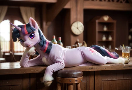 score_9, score_8_up, score_7_up, score_6_up, score_5_up, score_4_up, (zPDXL3), realistic, cinematic 3d, high quality, photorealistic, best quality, ultra detailed, 1pony, solo, twilight sparkle, pony, miniature horse, unicorn, sleepy eyes, female, high res, sitting, sits on a wooden stool, at a vintage saloon bar table, looking back, looking back at viewer, mare, drunk, drunk look, sleepy, groggy, yawning, solo, adorkable twilight sparkle, detailed eyes, detailed fur, beautiful, vector, flat colors, (beautiful long eyelashes), interior, realism, photo, detailed, realistic, my little pony, ((feral pony)), pony, mare, female pony, short, side view, horse face, fur, short body, fluffy, wide hips, big hips, (lanky), small, ((long legs)), (dynamic angle), realistic, low light, detailed background, lighting ahead, beautiful, (fur:0.9), small arabian horse <lora:PerfectEyesXL:1> <lora:Aer0Zer0_Artist_Style:0.60> <lora:StS_PonyXL_Detail_Slider_v1.4_iteration_3:1> <lora:Horsesv2:1.15>