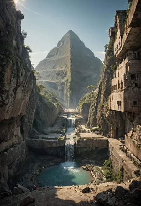 (pastel neon niji colors, terraforming mecha-Pyramid Like drdnght machine hovering above planet earth 20000 bc:1.55), 
(atmospheric haze, Film grain, cinematic film still, highly detailed, high budget, cinemascope, moody, epic, OverallDetail, gorgeous, 2000s vintage RAW photo, photorealistic, candid camera, color graded cinematic, eye catchlights, atmospheric lighting, skin pores, imperfections, natural, shallow dof:1.4),
(Ancient megalithic civilization, Azka Lines, on Easter Island:1.1), (The colonial city of the future, in the mist-filled Grand Canyon, on an unknown Earth-like planet, 2 moon on sky, Spaceship flight connects colonies, waterfulls:1), (Machu Picchu, a mountain settlement, incredibly spectacular:1),  (avant-garde, future, reality, science fiction, photorealistic), White limestone with black granite, fountain, waterfall, landmark, square, path, narrow street, (Large Files, Ultra Realistic, 8K, 16k, FHD, HD, VFX, Perfect, Photography, composition, Architecture Sales Photography, Architecture Competition, Ultra High Resolution, Cinematography, High Resolution Image:1), (dramatic lighting, direct sunlight, ray tracing, clear shadow:1), (real landscape:1), (blurred background:1.0), (urban background, more_details) ,
extremely detailed, industrialbuilding, drdnght machine, spstation, mayamaze, caveruinsAerial