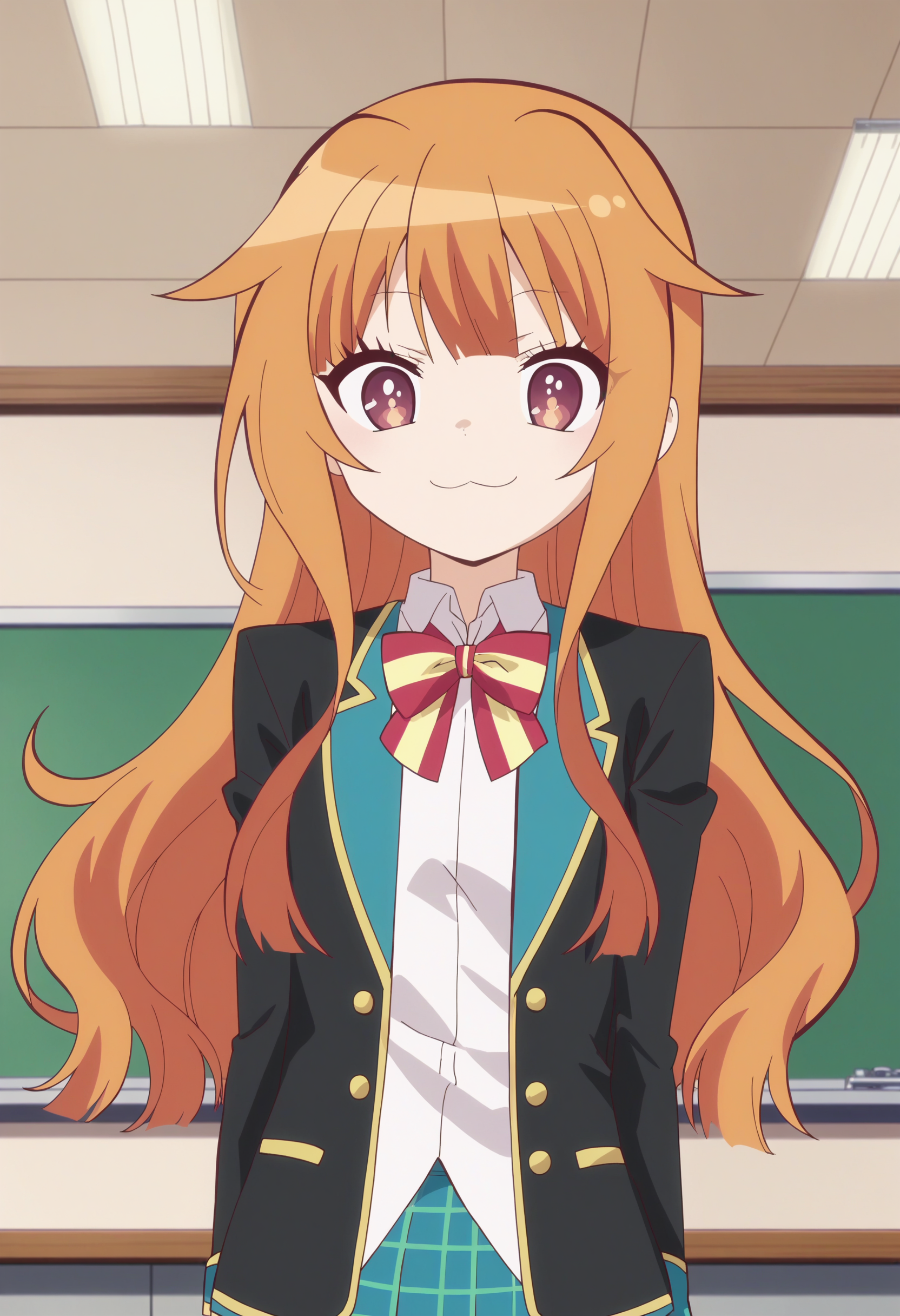score_9, score_8_up, score_7_up, score_6_up, score_5_up, score_4_up , anime coloring ,BREAK source_anime, anime,screencap,
1girl, solo, gjbu mao, school uniform, plaid skirt, blazer, long hair, <lora:PonyXL GJBU Mao V5:1>
indoors,classroom
smile, looking at viewer, upper body,