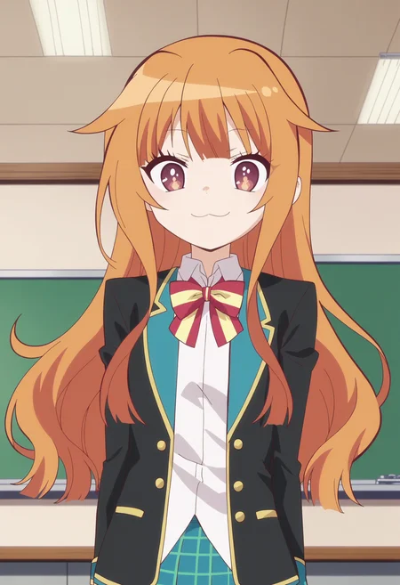 score_9, score_8_up, score_7_up, score_6_up, score_5_up, score_4_up , anime coloring ,BREAK source_anime, anime,screencap,
1girl, solo, gjbu mao, school uniform, plaid skirt, blazer, long hair, <lora:PonyXL GJBU Mao V5:1>
indoors,classroom
smile, looking at viewer, upper body,