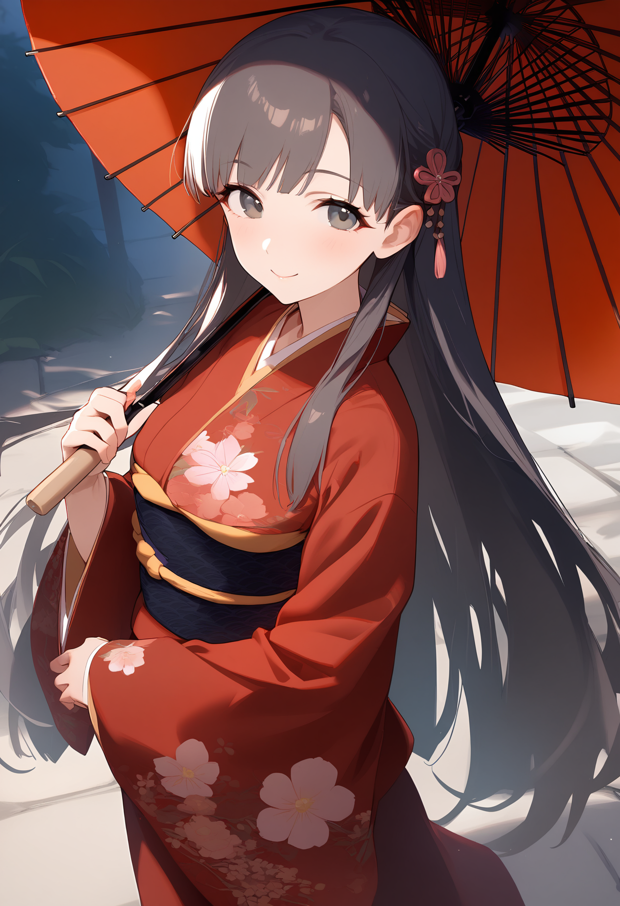 1girl,blush,floral print,kobayakawa sae,looking at viewer,obi,smile,solo,wide sleeves,breasts,holding umbrella,oil-paper umbrella,red kimono,<lora:a31_char_new_kobayakawa_sae:1>masterpiece, best quality, absurdres<lora:a31_style_koni-000010:0.8>