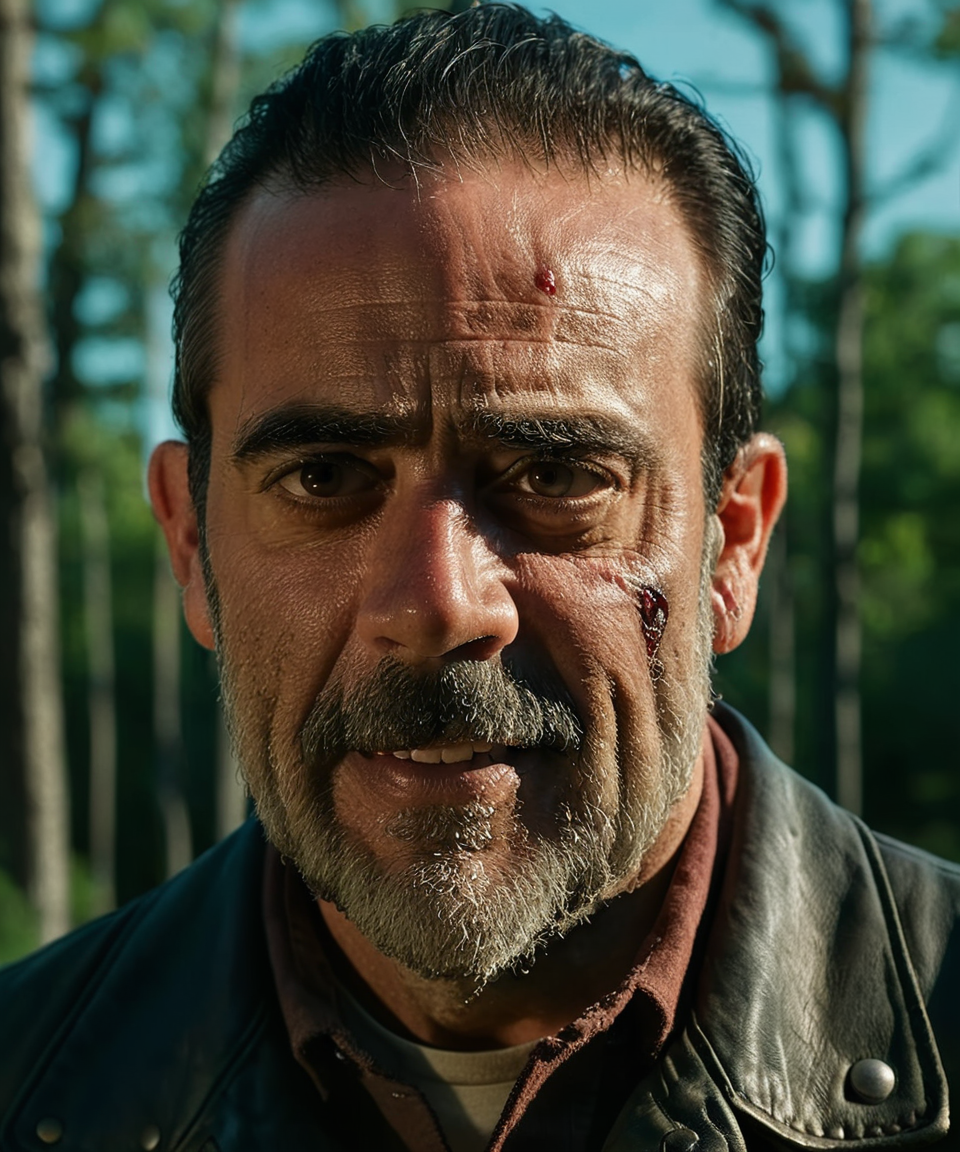 cinematic head and shoulder portrait,TWDNegan,high detailed defined skin pores,perfect hands,perfect eyes,high quality photography,cinematic composition,film grain,mirrorless camera,4k textures,4k resolution,The Walking Dead,<lora:TWDNegan:1>,
