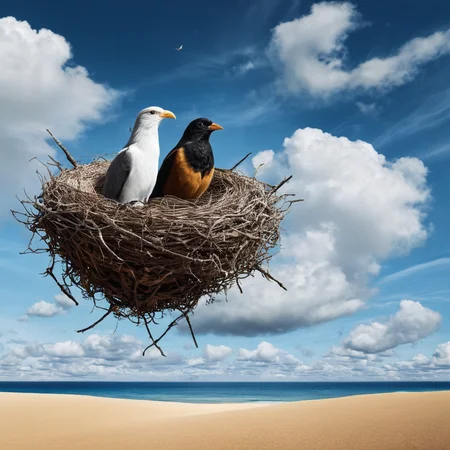 Surrealism,  <lora:Surrealism style:1>
A surrealism photo of a painting of two birds in a nest with a bird's head sticking out of it,outdoors,sky,cloud,signature,water,tree,no humans,bird,ocean,animal,beach,cloudy sky,sand,animal focus , realistic, realism, photorealism, hyperrealism, hyperrealistic, realistic, sharp, detailed, cinematography style, film light style, movie still,  professional photography, artistic, perfection, contrast, cinematic, filmic, high quality photo,  8k quality, colorful, photography style, absurd, bizarre, eerie, fanciful, fantastic, ludicrous, monstrous, odd, outlandish, preposterous, ridiculous, strange, whimsical, wired, disturbing, surrealist, surrealism style, Andre Breton style, expressive, dramatic, organic lines and forms, dreamlike, mysterious, Surrealism
