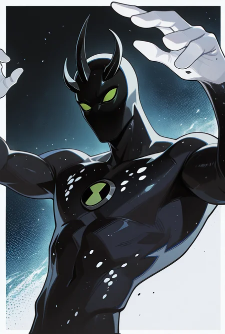 <lora:alienx-09:1> alienx, 1boy, green eyes, horns, matte black skin, dynamic pose, white hands, wide face, ((white spots on body)), upperbody,, masterpiece, best quality, amazing quality, very aesthetic, absurdres, newest,, upper body, halftone effect, white borders, abstract background:1.2,