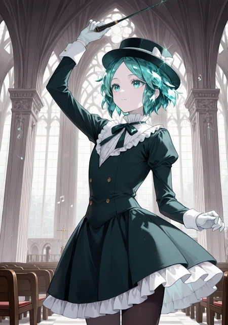 masterpiece, best quality, 1girl, solo, androgynous, ph0s, pale skin, colored eyelashes, crystal hair, aqua hair, short hair, parted bangs, kodona, collared shirt, hat bow, frills, long sleeves, boater hat, vest, dress, indoors, church, arm up, conductor baton, cowboy shot, hand up, holding baton, music, musical note, standing, looking ahead, aqua eyes, neck ribbon, frilled collar, pantyhose, gloves, gothic architecture, pillar, arch