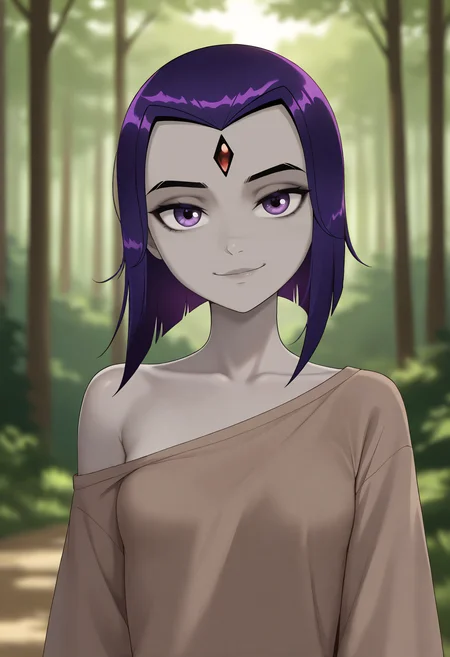 very awa, masterpiece,best quality,amazing quality, best quality, newest, absurdres, highres, detailed background, detailed hair, depth of field, detailed skin, best quality, amazing quality, very aesthetic, high resolution, ultra-detailed, absurdres, OverallDetailXL, skinny, narrow waist, aged up, raven \(dc)\ raven, purple hair, purple eyes, grey skin, forehead jewel, colored skin, small breasts, short hair, white sclera, grey skin, Shirt, Walnut Brown shirt, off shoulder, oversized shirt, f0rkedta1l, 1girl, solo, portrait, face focus, looking at viewer, facing viewer, smiling, closed mouth, forest, midsummer, honeysuckle, bees,,,