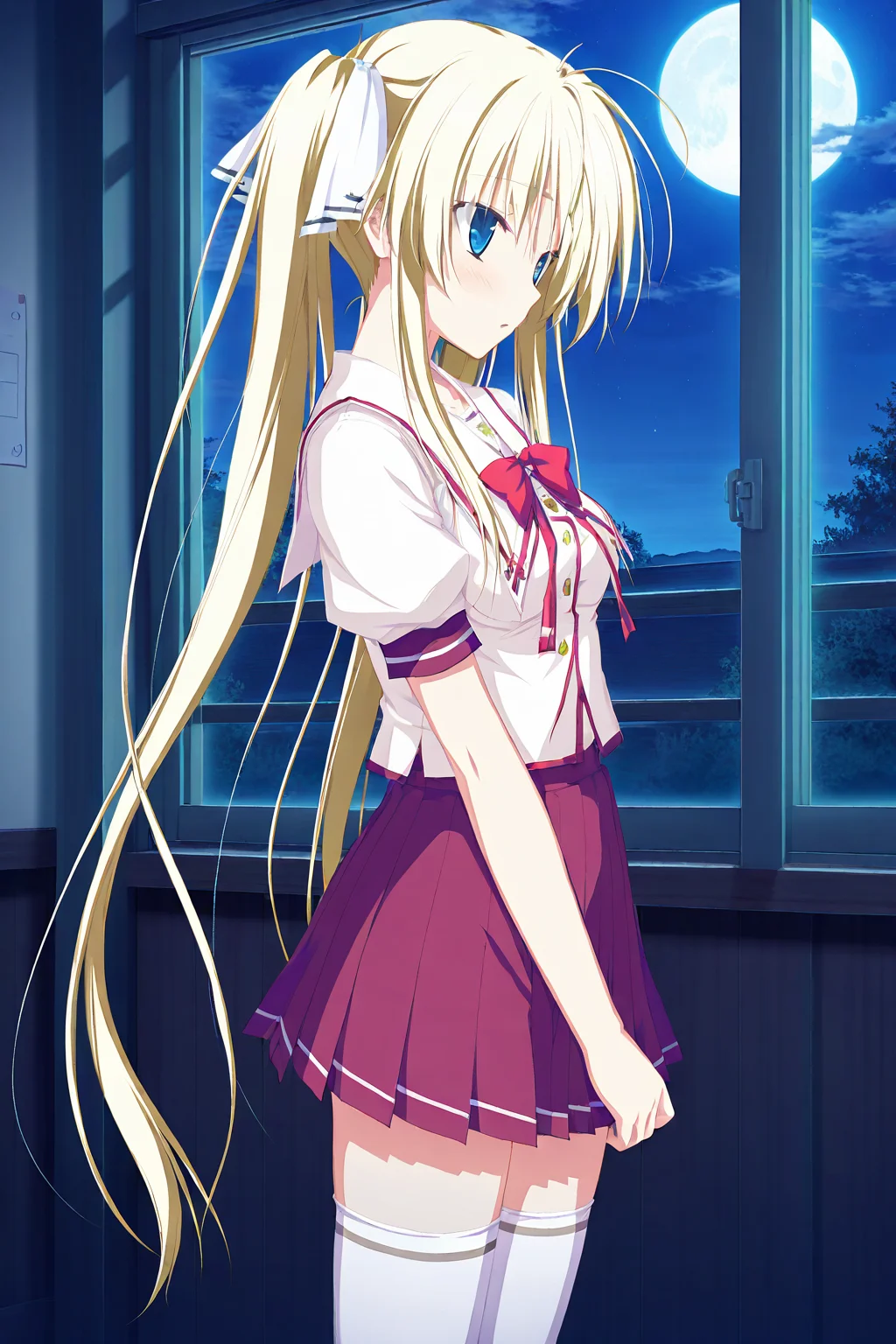 masterpiece,best quality,good quality,rating safe,memoriakomomo, hisakaki_komomo, 1girl, solo, twintails, long hair, blue eyes, blonde hair, school uniform, thighhighs, white thighhighs, zettai ryouiki,game cg,moonlight,ourdoor,standing,looking at the moon,from side