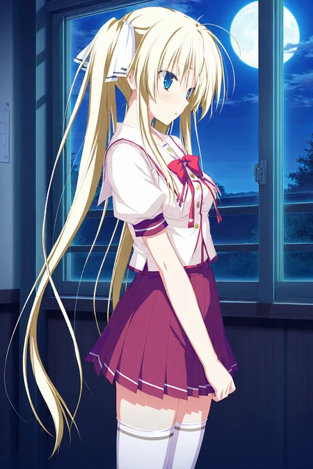 masterpiece,best quality,good quality,rating safe,memoriakomomo, hisakaki_komomo, 1girl, solo, twintails, long hair, blue eyes, blonde hair, school uniform, thighhighs, white thighhighs, zettai ryouiki,game cg,moonlight,ourdoor,standing,looking at the moon,from side