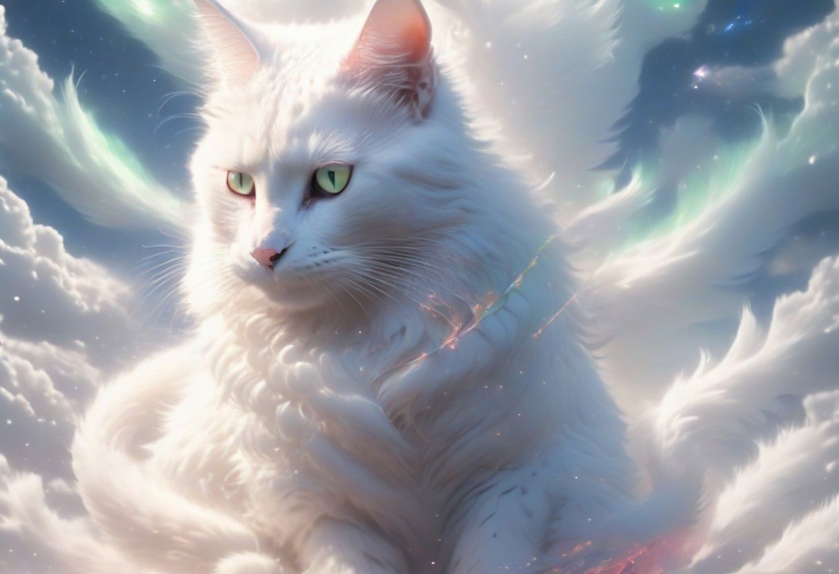 (best quality, masterpiece, perfect face,) A realistic cute tiny mythical white cat with light blue eyes, in wonderland world with (magical little fairies yellow creatures:1.10) epic, absurd