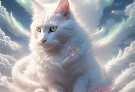 (best quality, masterpiece, perfect face,) A realistic cute tiny mythical white cat with light blue eyes, in wonderland world with (magical little fairies yellow creatures:1.10) epic, absurd