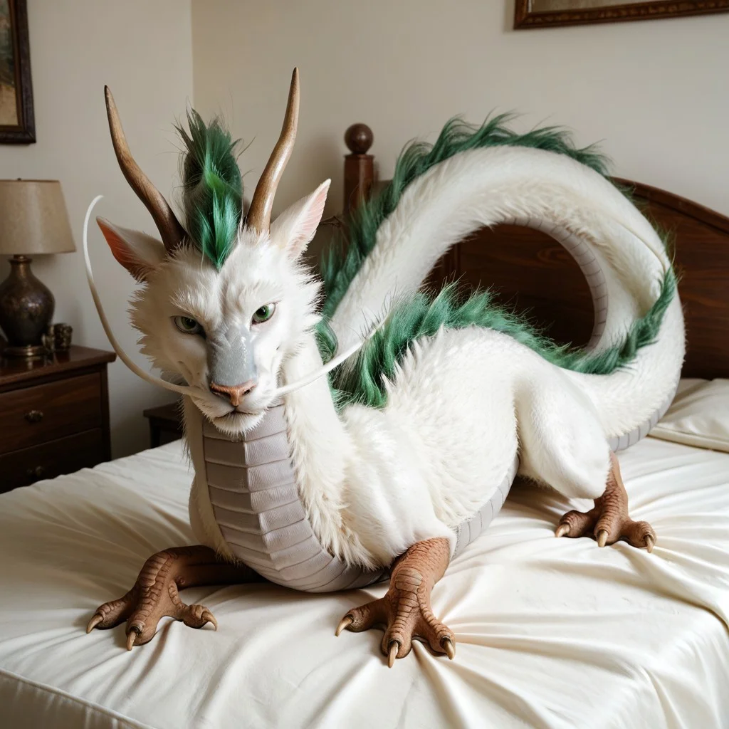score_9, score_8_up, score_7_up, score_6_up, score_5_up, score_4_up, masterpiece, high quality, realistic, detailed, best quality, white bed, solo, rating_safe, source_furry, bedroom, smiling, seductive, looking at viewer, lying on stomach, full body, detailed eyes, feral, haku_sa, eastern dragon, white fur, green mane, horns, tail, claws, long white whisker, male, 1boy, green eyes