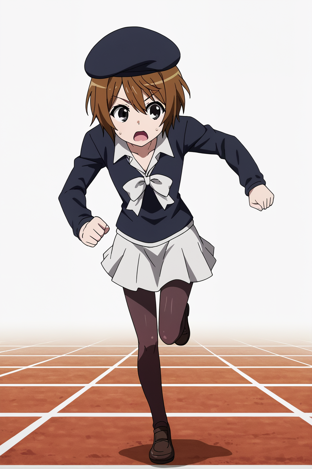 <lora:ANEMEWWW:0.8>, white background, Kinuhata Saiai, solo, skirt, hat, pantyhose, beret, running