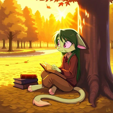 score_9, score_8_up, score_7_up,lilith_calah,
1girl,solo,furry,tail,dark green hair, source_furry, masterpiece,
,<lora:lilith_calah_illustrious:0.8>,
kid, child,
nature, park, sitting_under_tree, book, relaxed, soft_smile, gentle_breeze, falling_leaves, peaceful, long_hair, sunrays, cozy, warm_lighting, thoughtful_expression, countryside, detailed_background, soft_focus