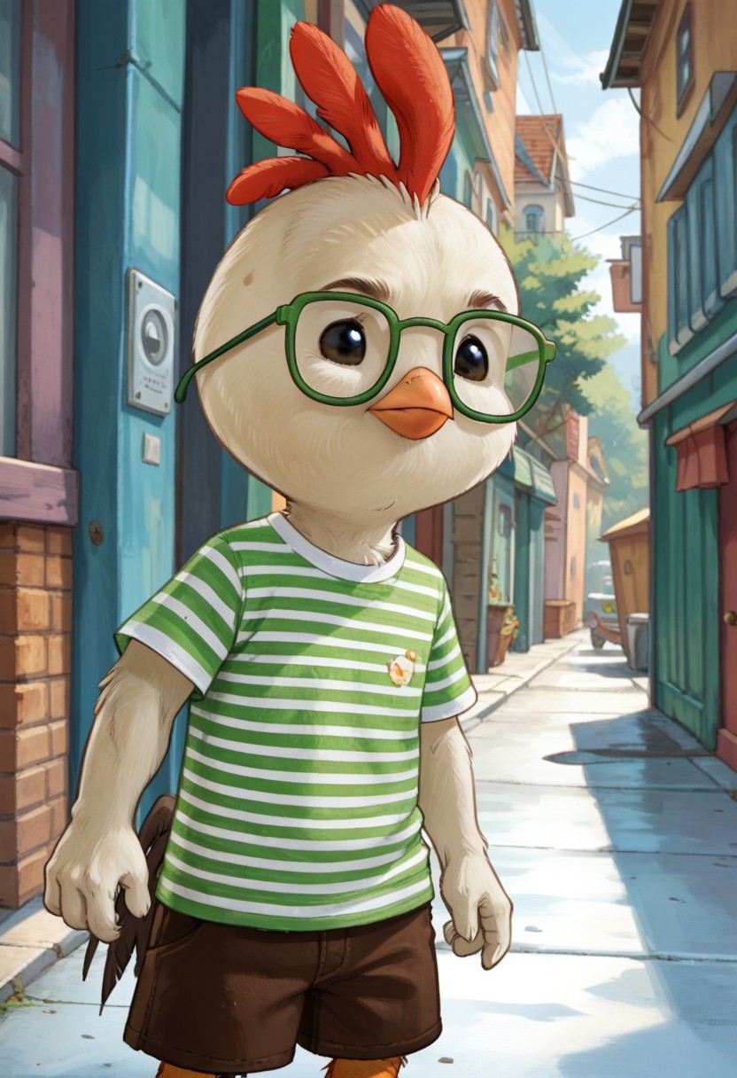 score_9, score_8_up, score_7_up, Chicken_Little, chicken, anthro, feathers, 1boy, black eyes, green glasses, striped shirt, brown shorts, tiny male, beak