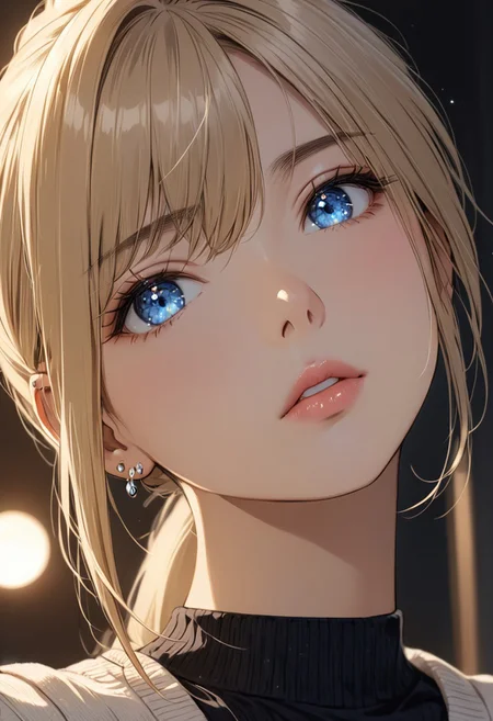(anime, masterpiece, intricate:1.3), (best quality, hires textures, high detail:1.2), (4k),(incredibly detailed:1.4), perfect anatomy, correct sense of scale, side lighting, feminine body, shiny skin, graceful face, constricted waist, nice body, lips, Sexy mouth, high pointed nose, (nostrils:1.3), neatly drawn nose, 1woman, gorgeous lips, blue eyes, tights, blonde hair, ponytail, side bangs, medium breasts, ((piercing, two holes at the bottom of the ear, one at the top)) (best illumination, an extremely delicate and beautiful) 8k wallpaper, masterpiece, best quality, ultra-detailed, best shadow, volumetric lighting), (beautiful detailed face, beautiful detailed eyes) ,extreme details eyes, shiny skin, ear piercing, woman
crawling_position_on_bed,cleavage,tanktop,hotpants,hotel,bedroom,beautiful_black_hair,ponytail,beautiful_light_blue_eyes,multicolored_eyes,1_beautiful_girl,beautiful,perfect_quality,perfect_anatomy,masterpiece, moon,night,moonlight,beautiful starry sky
