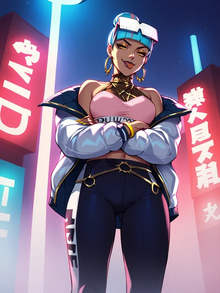 score_9, score_8_up, score_7_up, BREAK, Qiyana True Damage, 1girl, solo, single hair bun, blue and pink hair, glasses, multicolored hair, golden collar, halterneck, pink bra, bare shoulders, white jacket, black leggings, jewelry, blue boots, staying, crossed arms under breast, smirk, neon lights, syntvawe, sci-fi city background, night, show tongue, leans forward, from below view <lora:QiyanaTD:1>