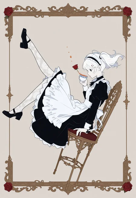 masterpiece, best quality, absurdres, minimalism, flat color, 1girl, solo, maid, maid apron, short black dress, long sleeves, white lace pantyhose, maid headdress, white embroidery, pale skin, red rose ornament on hair, white hair, white eyelashes, white eyebrows, porcelain skin, black eyes, glossy lips, short hair, twintails, cute, falling, midair, from side, drinking a cup of tea, floating ornate chair, floating chinaware, floating fancy paintings