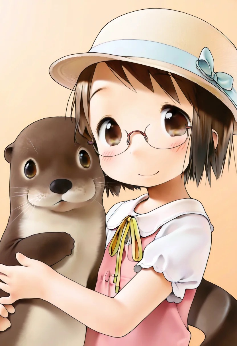 masterpiece (quality),best quality,Barasui Style, Matsuri Sakuragi,1girl,glasses,hat,solo,brown hair,brown eyes,short hair,smile,ribbon,animal,blush,otter,child,, <lora:mix_illustriousXL:0.85>