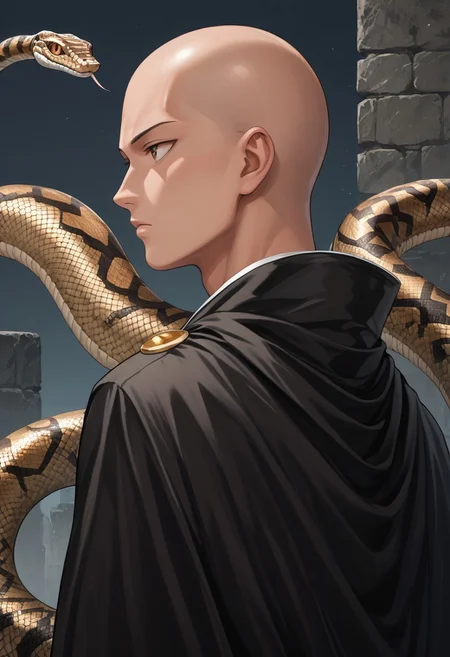 score_9,score_8_up,score_7_up,score_6_up,score_5_up,source_anime, back view,1man, saitama, bald, brown eyes 30yo, standing, looking back , wearing cape from metallic snake skin, bored, snake, snake on shoulders, upper body