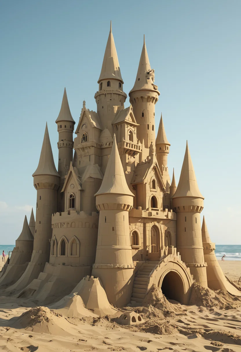 big sandcastle in beach made by master artist architects, closeup, detailed, highres, masterpiece