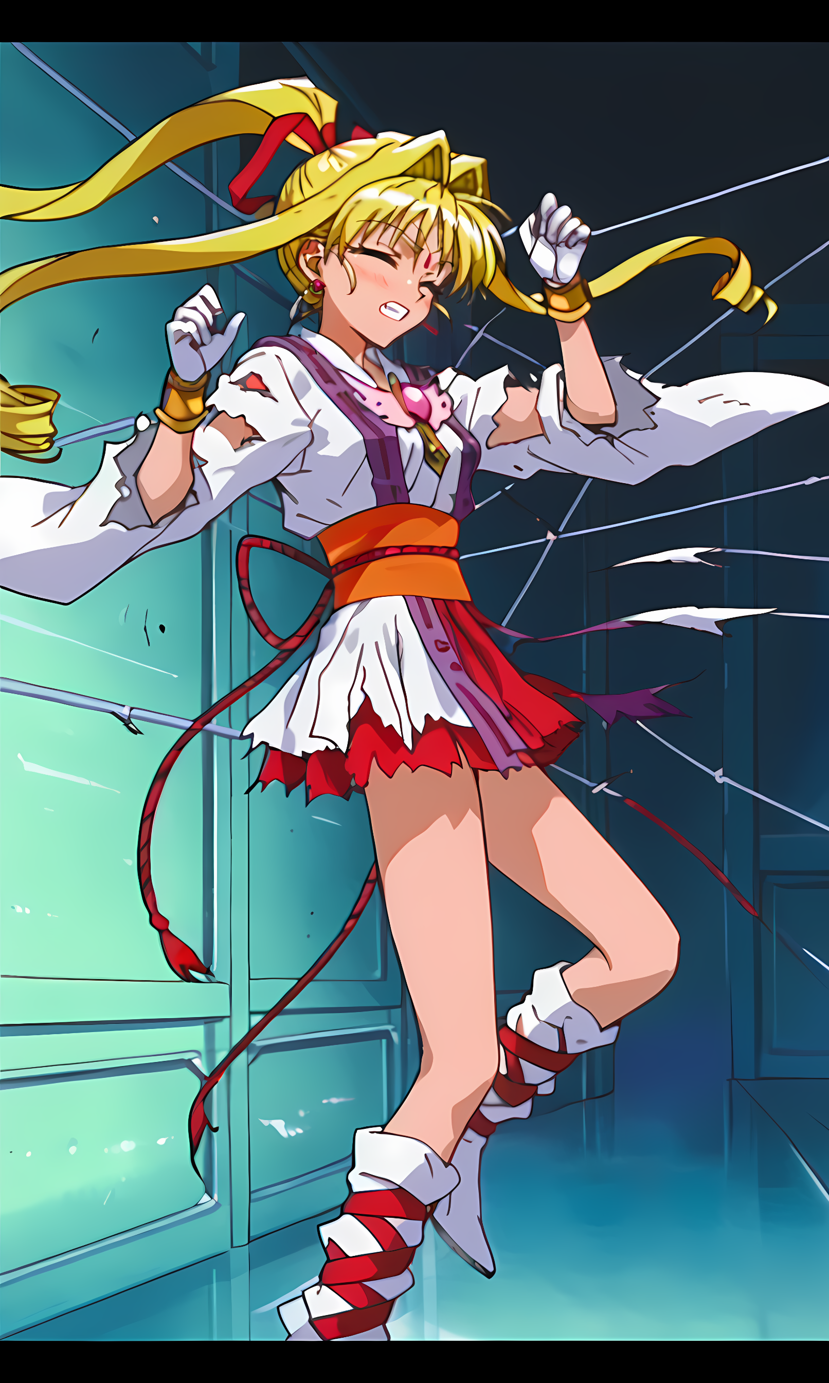 8k, best quality, solo, cute, score_9, score_8_up, score_7_up, 90s anime, Masterpiece, source_anime, from side, KKJ, (Artist A Style:1.3), forehead jewelry, purple eyes, blonde hair, hair intakes with drill long sidelocks, very long hair, one high drill ponytail at the back, red hair ribbon, earrings, torn white kimono, torn white layered kimono miniskirt with red under layer, 2 torn purple straps on torn layered kimono miniskirt, 2 torn purple straps, pink gem on chest, torn white wide sleeve on the right arm, torn white short sleeve on the left arm, left sleeve completely torn, gold bracelet, white gloves, orange obi, red obijime cord, bow-shaped knot on waist with tassels, torn white boots, red crisscross ribbons wrapping around boots, defense stance, dynamic pose, in the hallway, wires, rags, closed eyes, clench teeth