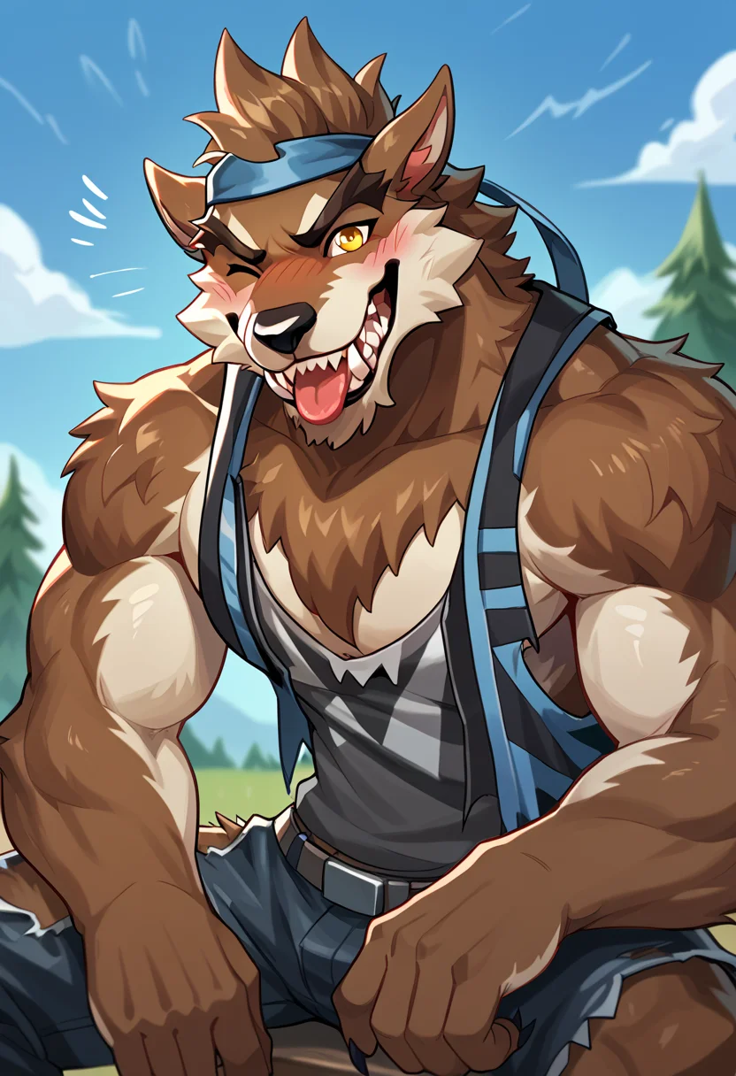 (male:1.2), solo, furry, anthro, canine, (muscular:0.3), bara, shirtless, brown fur, yellow eyes, tank top, blush, smiling, happy, looking_at_viewer, score_7_up, score_8_up, score_9, by nomifuk, cute:1.2, sitting, tailwag, wink, grin, tongue_out, <lora:Dire_Fortnite:1>, dire, fortnite, werewolf