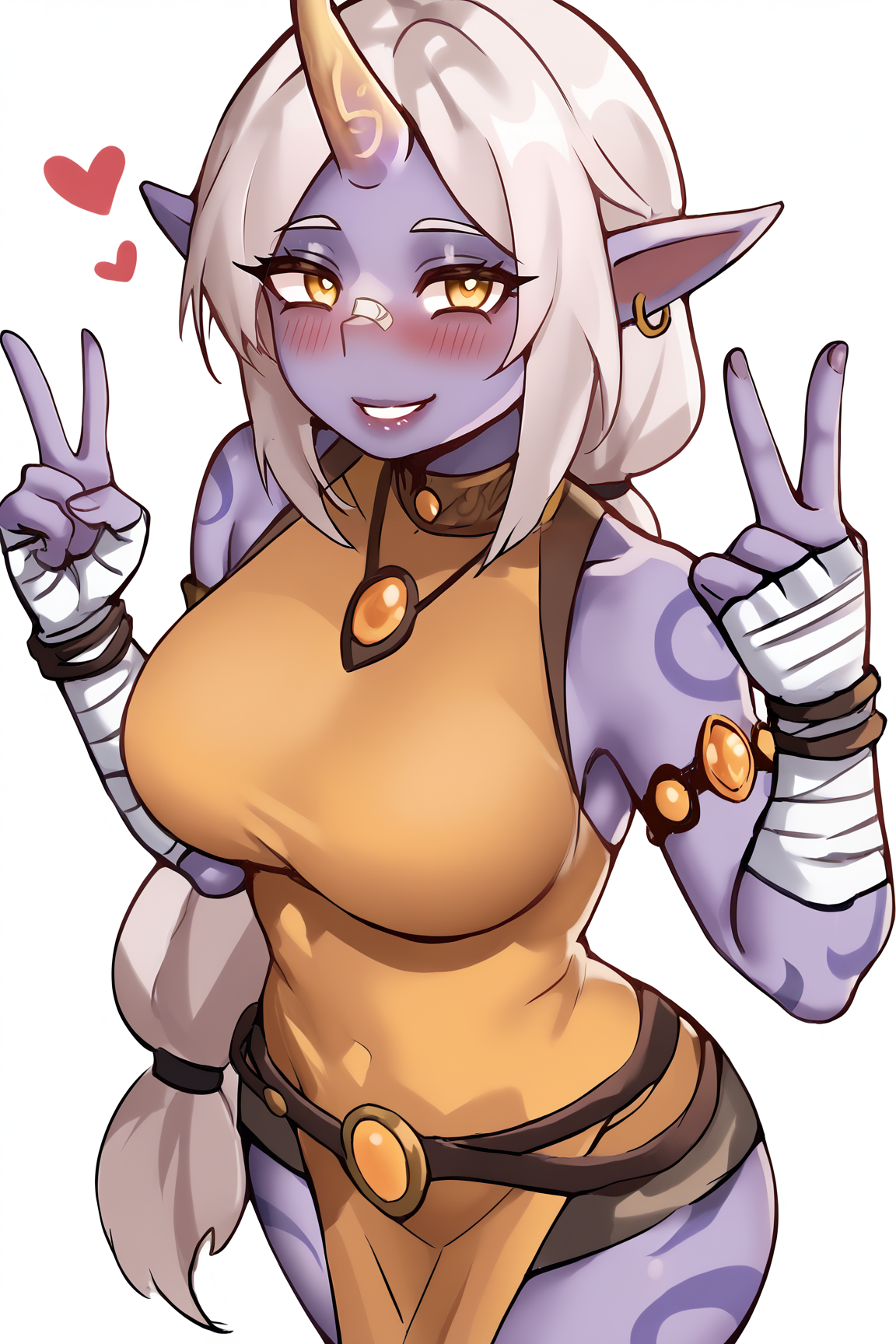 score_9, score_8_up, score_7_up, score_6_up, BREAK, SorakaLoLXLv2, purple skin, colored skin, white hair, long hair, low-tied long hair, sidelocks, yellow eyes, pointy ears, single horn, tattoo, large breasts, bare shoulder, yellow jewel, red cropped torso, yellow dress, armlet, bandaged arms, belt, bandaged legs, solo, standing, above view, peace sign, floating hearts, looking at viewer, seductive smile, naughty face, nose blush, white background, simple background <lora:SorakaLoLXLv2:0.9>, KumoStylePXL <lora:KumoStylePXL:1>