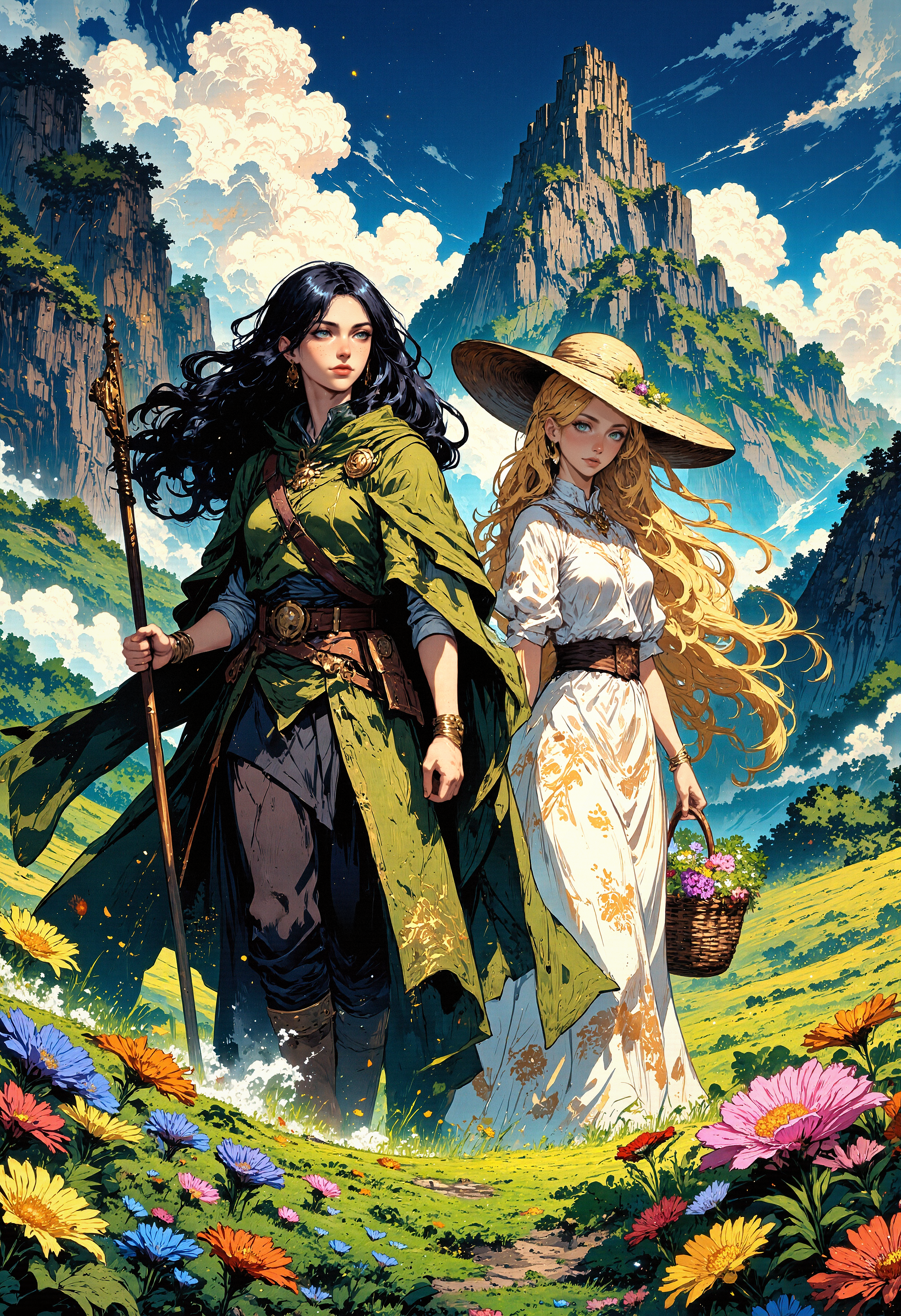 Comic book style A breathtaking and dynamic scene inspired by classical works of art,two women in a lush,mountainous field,the woman on the left has dark hair,wears a green cape,and carries a staff,her small scarf partially revealed,the woman on the right has blonde hair,wearing a white patterned dress and a wide-brimmed hat,holding a basket of flowers,the background features towering mountains and a bright blue sky,the scene filled with vibrant flowers and a mystical,serene atmosphere,detailed and rich in color,    <lora:chargen-celshading-lora_v2_dev:0.8> in the style of chargen_stylised_illustration image of, <lora:Comic book V2:0.6> Comic book style, <lora:animemixx_rank16_bf16:0.6> <lora:flux.1_lora_flyway_Epic-Characters_v1:0.43> <lora:Dreamy_Illustrations_FLUX_LoRA-000001:0.33>