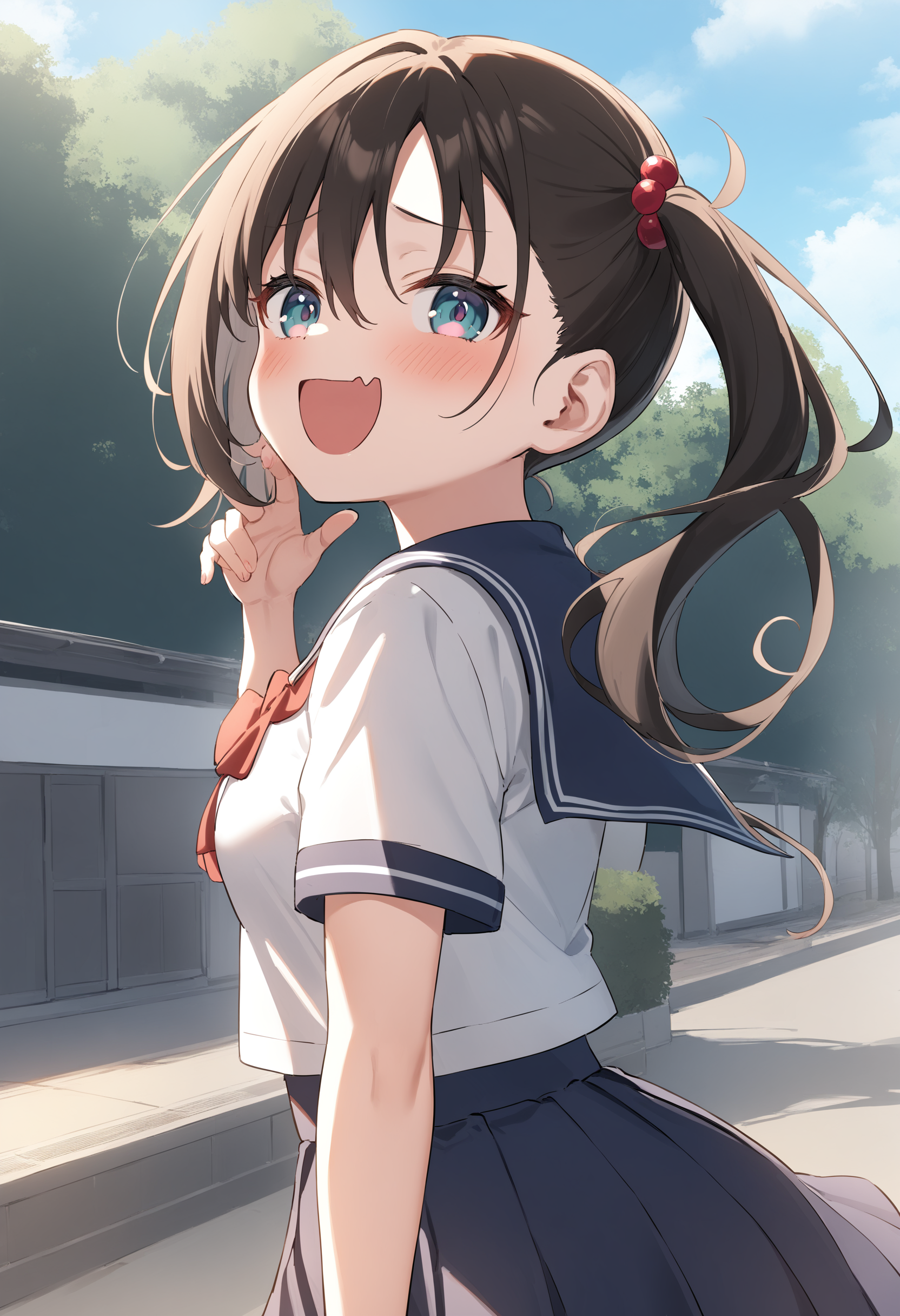 1girl,sincos, ningen mame, toosaka asagi,solo,medium breasts,school uniform,short sleeves,
mesugaki, smile, looking at viewer, blush, hand up, skin fang,<lora:mesugaki_XL_v1:0.9>
from side, panorama shot, looking up, brown hair, gray eyes,water eye, in front of station, open mouth, side ponytail hair,,
best quality, very aesthetic, absurdres