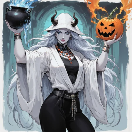 Stylized comic ilustration of a muscular Oni/Yokai wich, pale Asian woman with white colored, albino skin, horns, long light-blue hime cut hair, blue eyes, and blue makeup that includes eyeshadow and mascara. 
She is wearing a white wich hat that has two holes for her horns, white untied kimono that shows a black shirt and also black trousers under it,
Also wears a necklace made of pumpkins that resemble prayer beads.
On one hand she is lifting witch cauldron with boiling blue liquid that drops out of the cauldron, with secodn hand she lifts a massive jack-o-lantern
