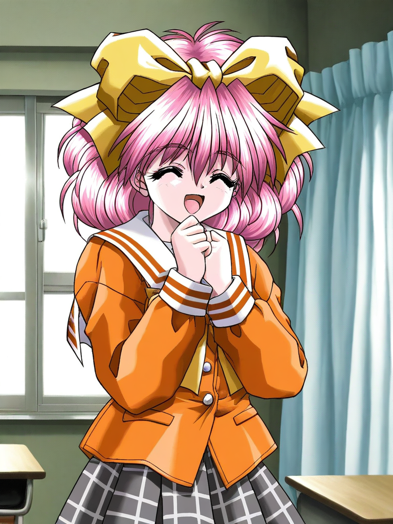 general,highres, ultra-detailed,very aesthetic,best quality ,best hands, BREAK <lora:Kanzaki_Suzu_Akumu_AoiKajitsunoSange_IS:1>
Kanzaki_Suzu, 1girl, solo, pink hair, medium hair, yellow bow, closed eyes, hair bow, short,
orange school uniform, gray plaid skirt, white and black skirt, 
happy,hand on own chin,
open mouth,
class room, curtain,
