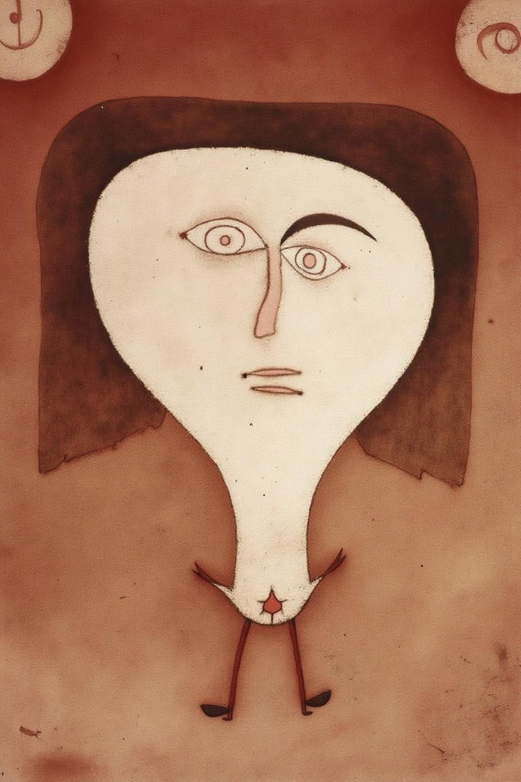 paulklee1 painting.
An abstract portrait of a person with a large, oval-shaped head, a smooth, rounded face, and a tiny body. <lora:paulklee1_cap_d8a4e6:1.0><lora:838867169719755791:0>