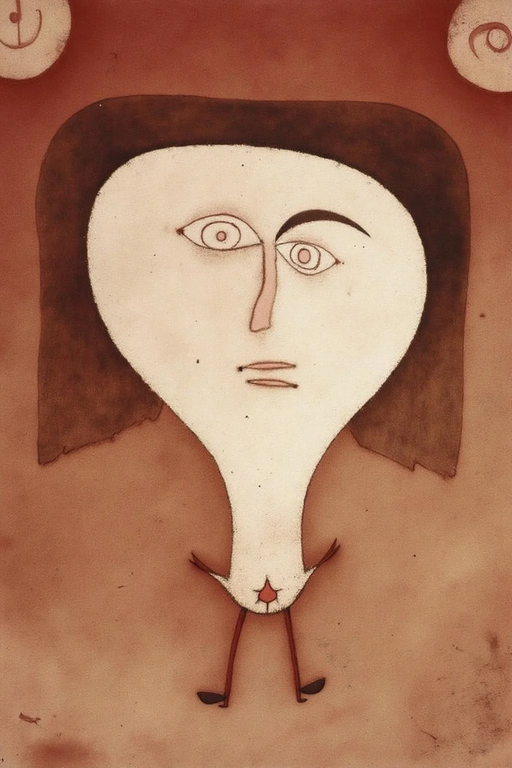 paulklee1 painting.
An abstract portrait of a person with a large, oval-shaped head, a smooth, rounded face, and a tiny body. <lora:paulklee1_cap_d8a4e6:1.0><lora:838867169719755791:0>