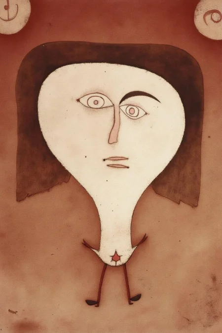 paulklee1 painting.
An abstract portrait of a person with a large, oval-shaped head, a smooth, rounded face, and a tiny body. <lora:paulklee1_cap_d8a4e6:1.0><lora:838867169719755791:0>