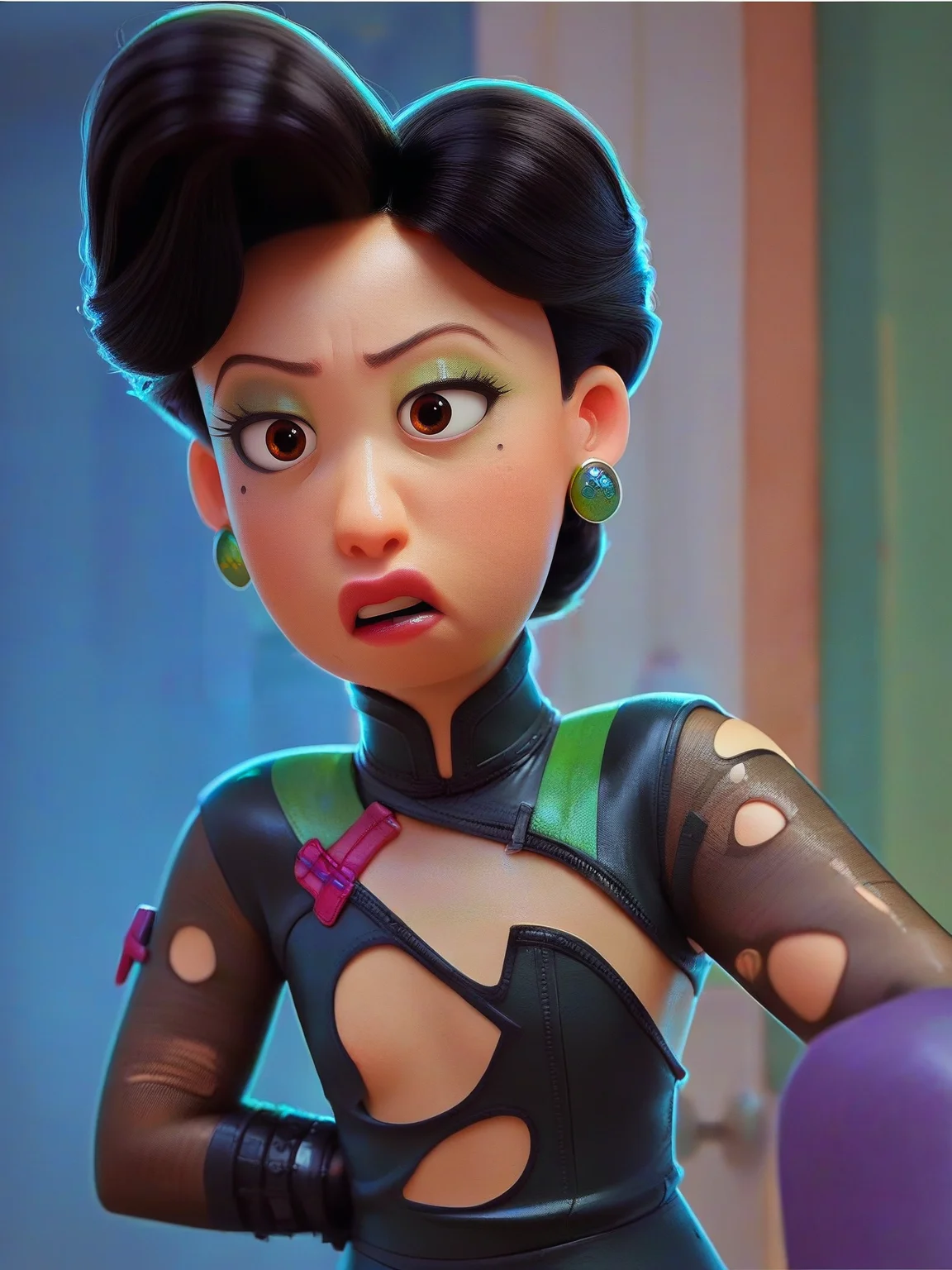 <lora:Ming Lee:0.8> m_l, 1girl, asian, bun black hair, wrinkles, brown eyes, mole under the eye, goth outfit, ((torn revealing clothes)), goth makeup, score_9, score_8_up, score_7_up,