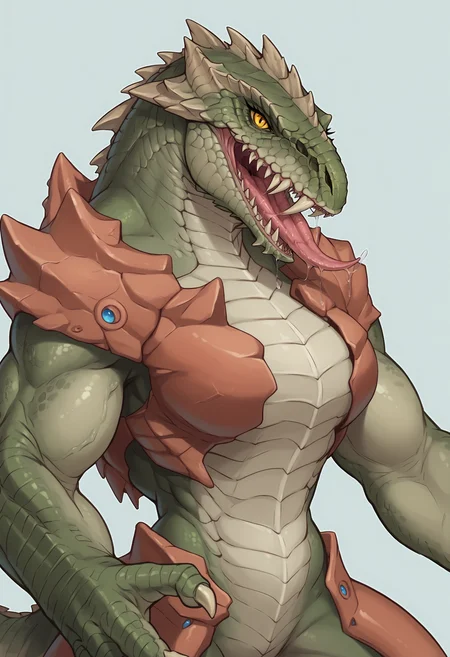 score_9, score_8_up, score_7_up, score_6_up, score_5_up, score_4_up, 1girl, <lora:Sorlag:0.85> solo, monster, monster girl, muscular female, yellow eyes, scales, claws, teeth, sharp teeth, fang, tail, upper body shot, eyelashes, looking at viewer, armor, long tongue, saliva, drool,
light blue background, simple background,