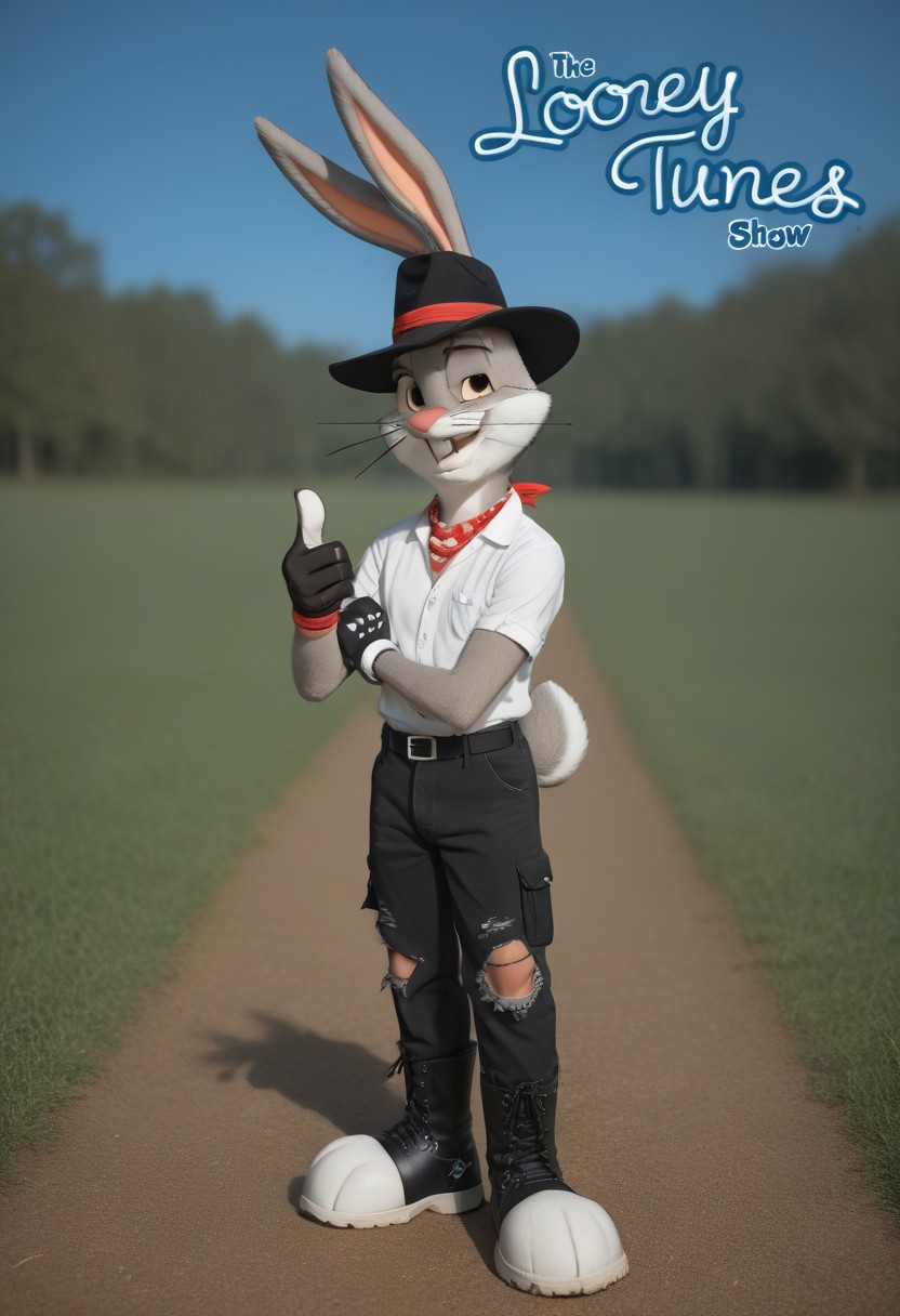 [score_9, score_8_up, score_7_up, score_6_up, score_8],  zPDXL2, source_photo, source_real, real life photo, outside backyard, 1boy + man + anthro + rabbit, bugs_bunny, lush landscape, starry sky, looking at viewer, celestial atmosphere, hat, black headwear, bandana, shirt, buttons, bracelet, necklace, pants, torn pants, torn clothes, glove, gloves, black gloves, single glove + finger gun, pointing at viewer, boots, black footwear.