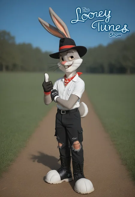 [score_9, score_8_up, score_7_up, score_6_up, score_8],  zPDXL2, source_photo, source_real, real life photo, outside backyard, 1boy + man + anthro + rabbit, bugs_bunny, lush landscape, starry sky, looking at viewer, celestial atmosphere, hat, black headwear, bandana, shirt, buttons, bracelet, necklace, pants, torn pants, torn clothes, glove, gloves, black gloves, single glove + finger gun, pointing at viewer, boots, black footwear.